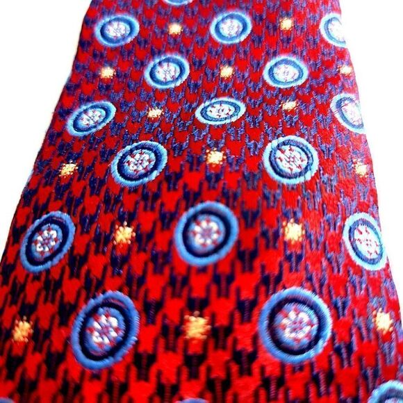 Joseph Abboud Red Herringbone Floral Geometric Blue Woven Short Skinny Silk Tie - Picture 2 of 7